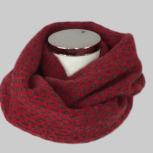 Snood - Infinity Scarf Soft Merino Lambswool Berry Red and Coal Grey Dots