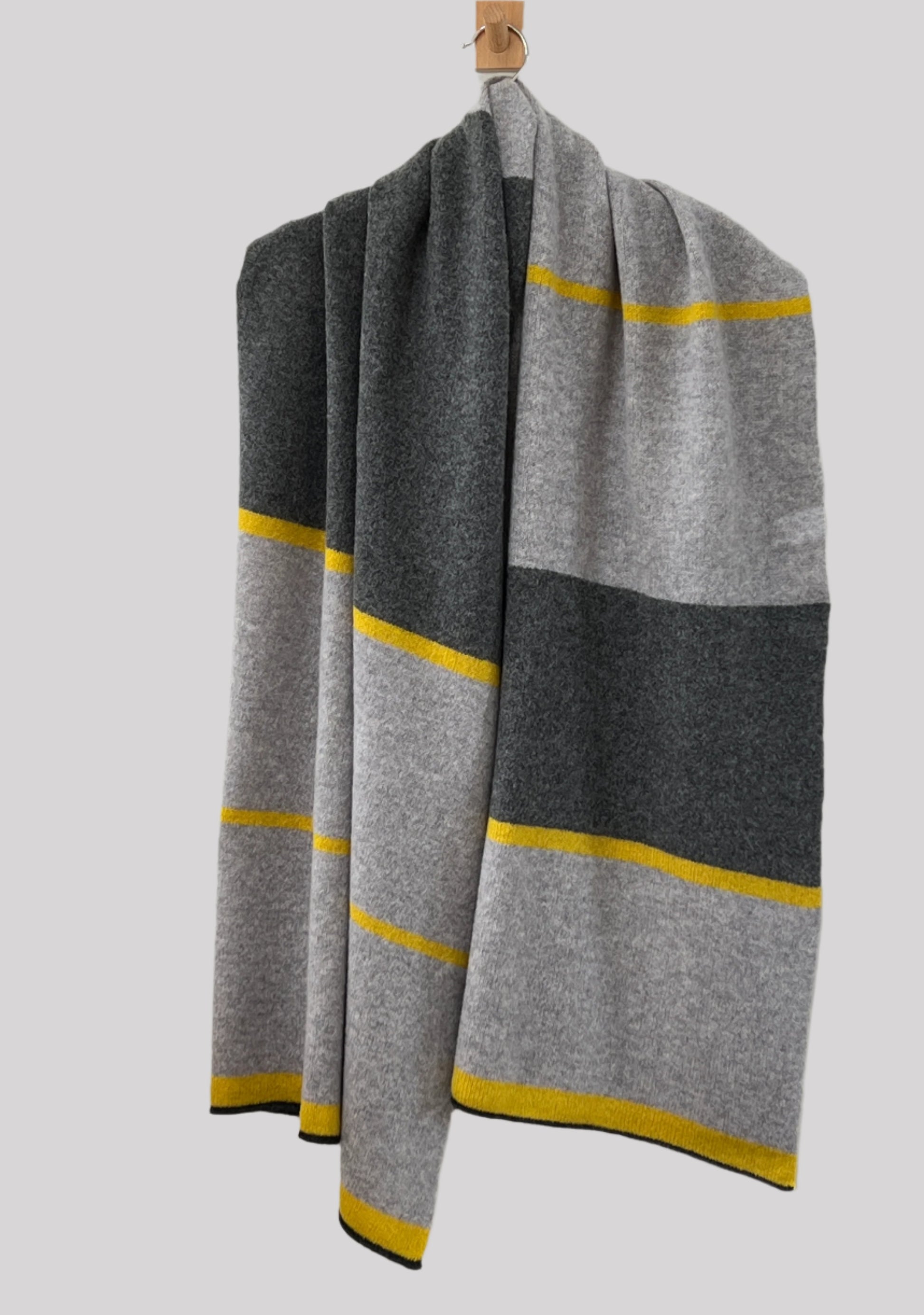 FinesseKnits knitted large merino lambswool scarf, shawl, wrap with yellow stripes