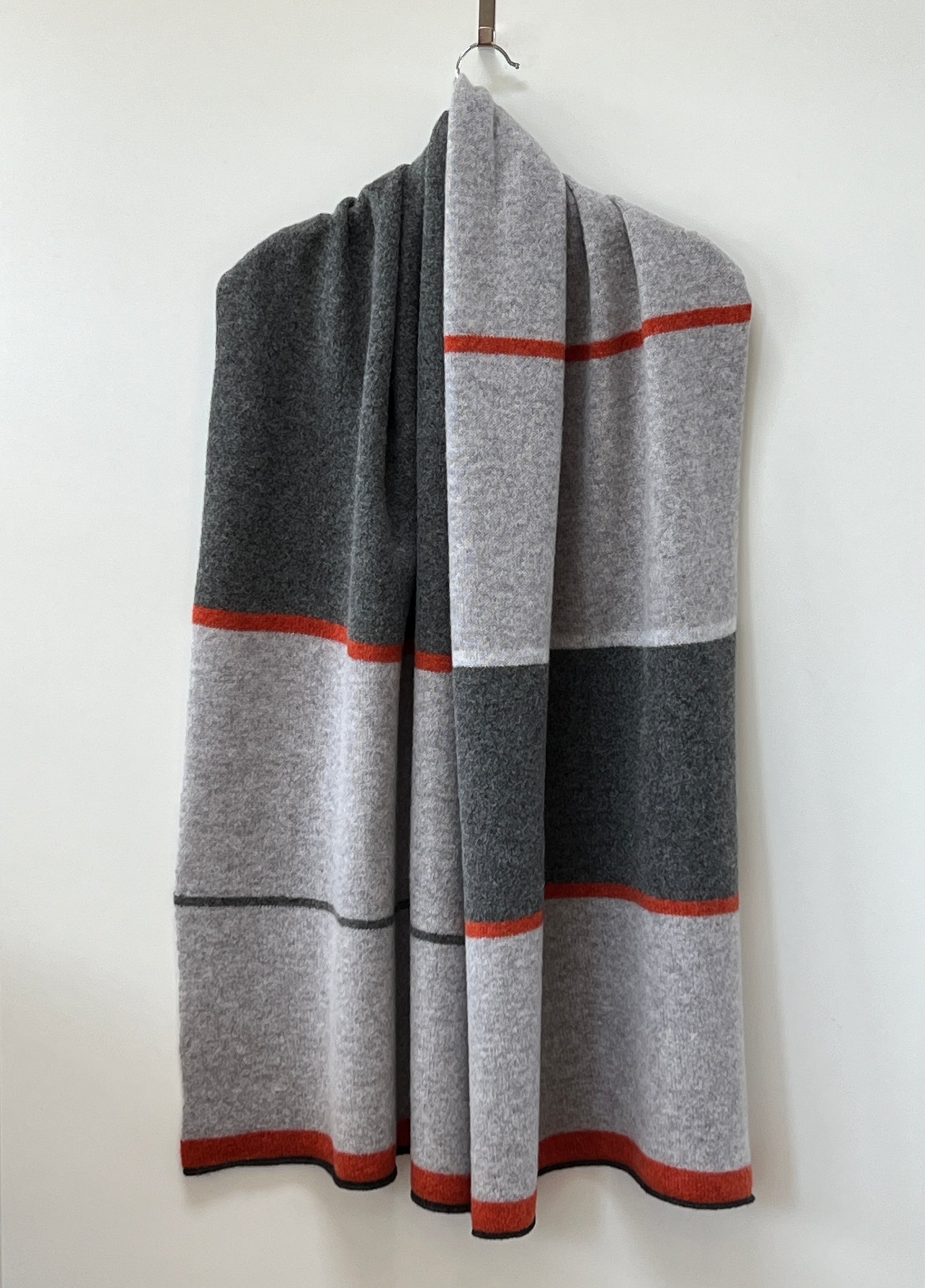 FinesseKnits knitted large merino lambswool scarf, shawl, wrap with orange stripes