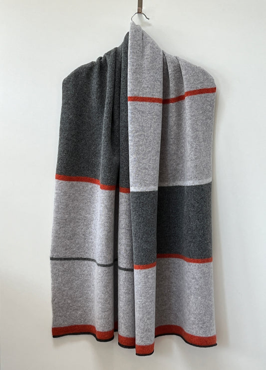 FinesseKnits knitted large merino lambswool scarf, shawl, wrap with orange stripes