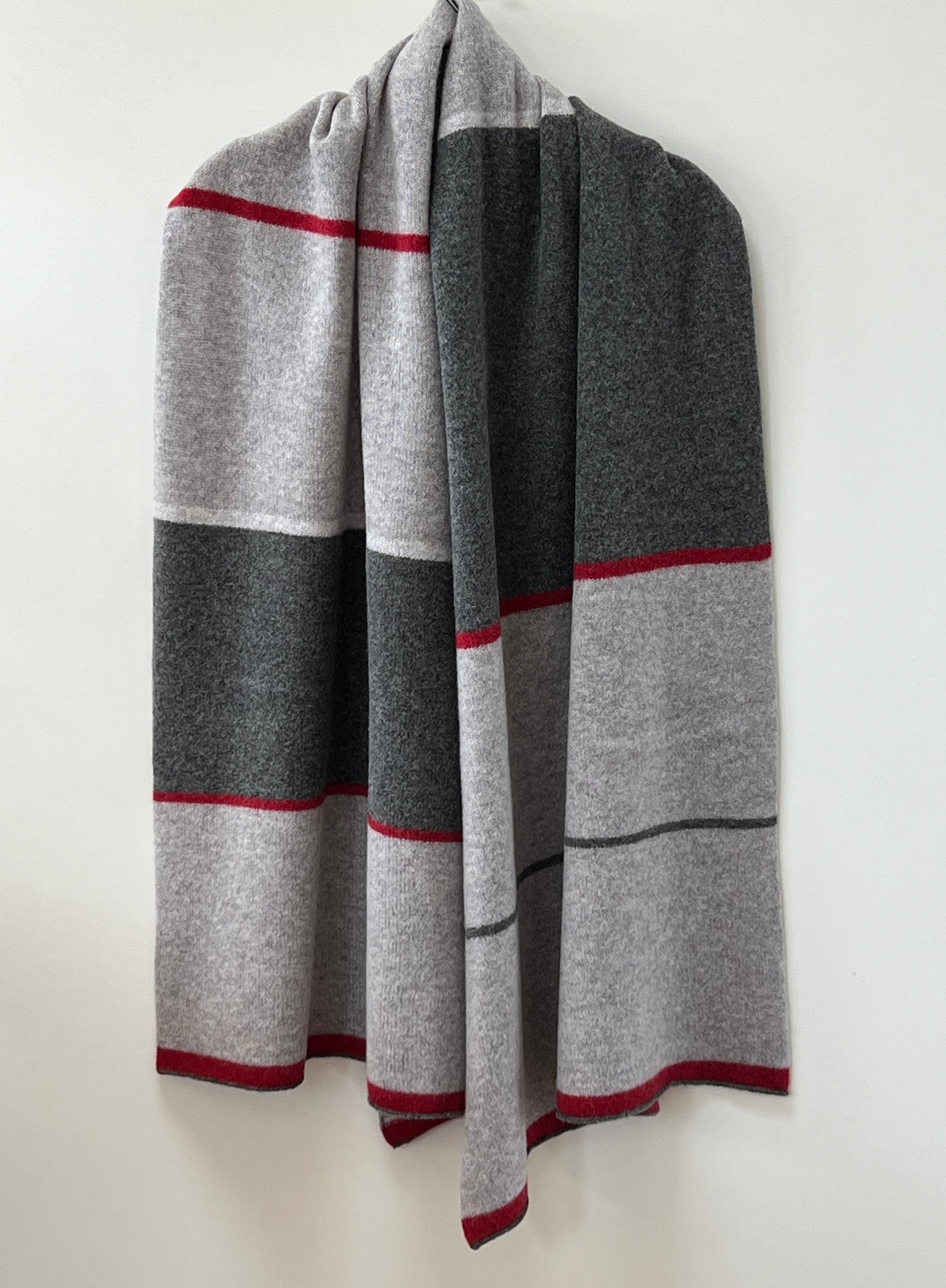 FinesseKnits knitted large merino lambswool scarf, shawl, wrap with red stripes