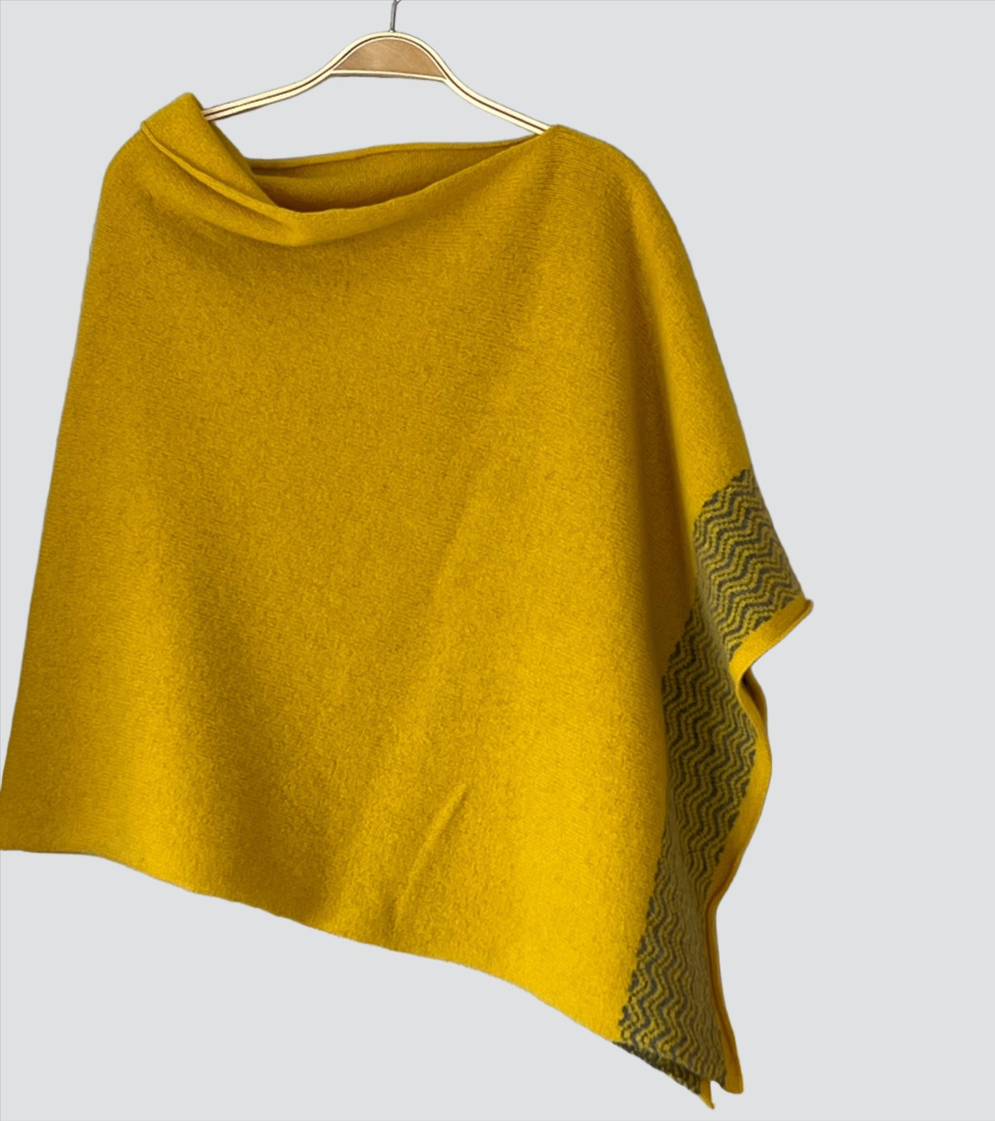 Poncho piccalilli yellow with grey wavy border merino lambswool
