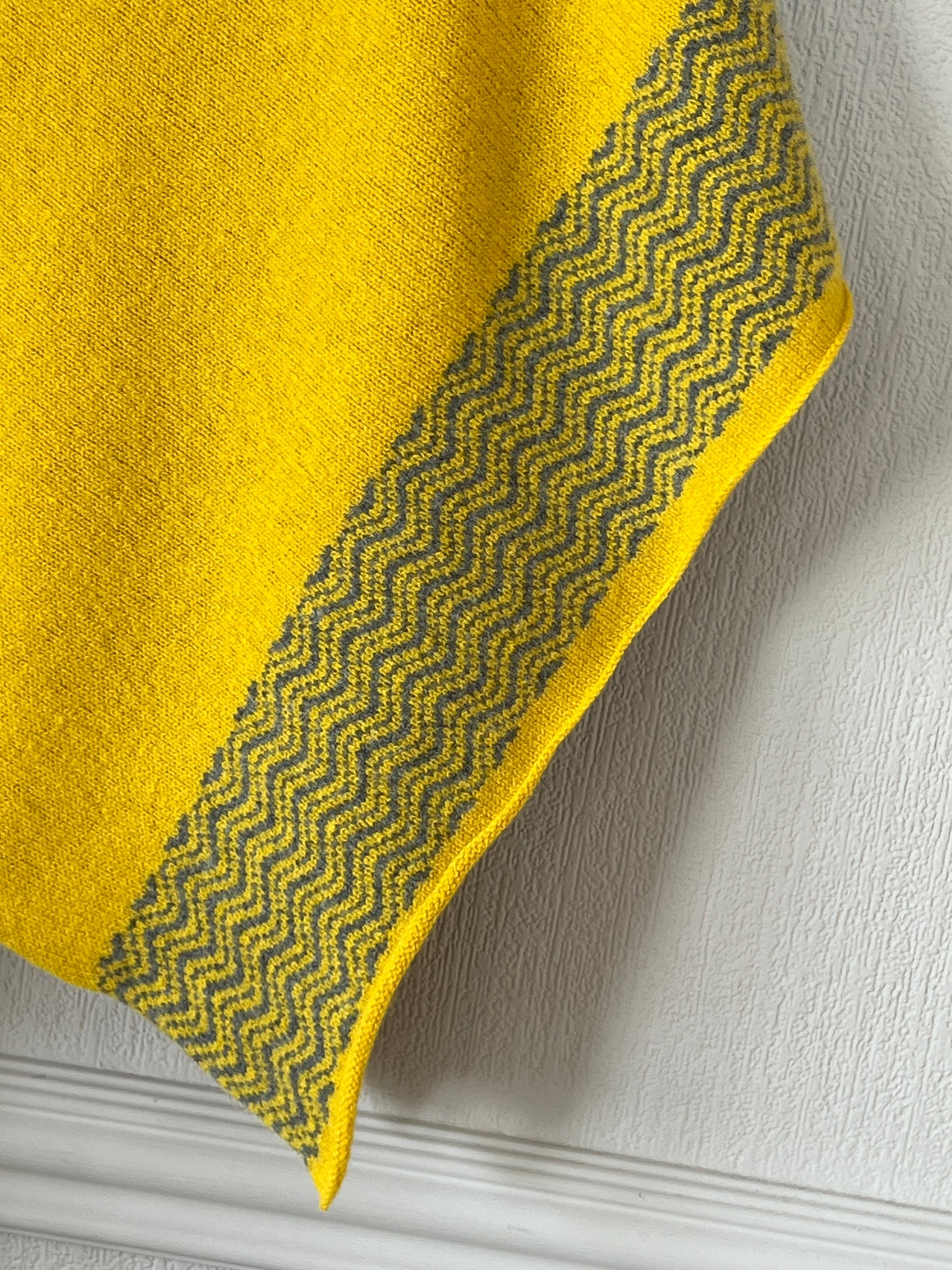 Poncho piccalilli yellow with grey wavy border merino lambswool