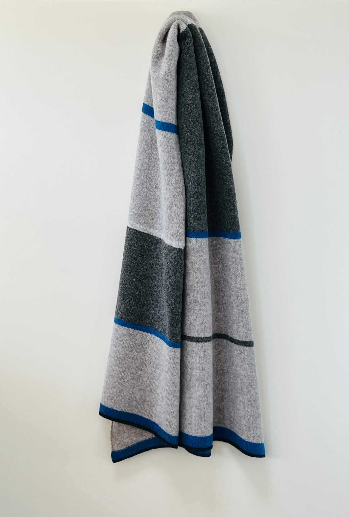 FinesseKnits knitted large merino lambswool scarf, shawl, wrap with blue stripes