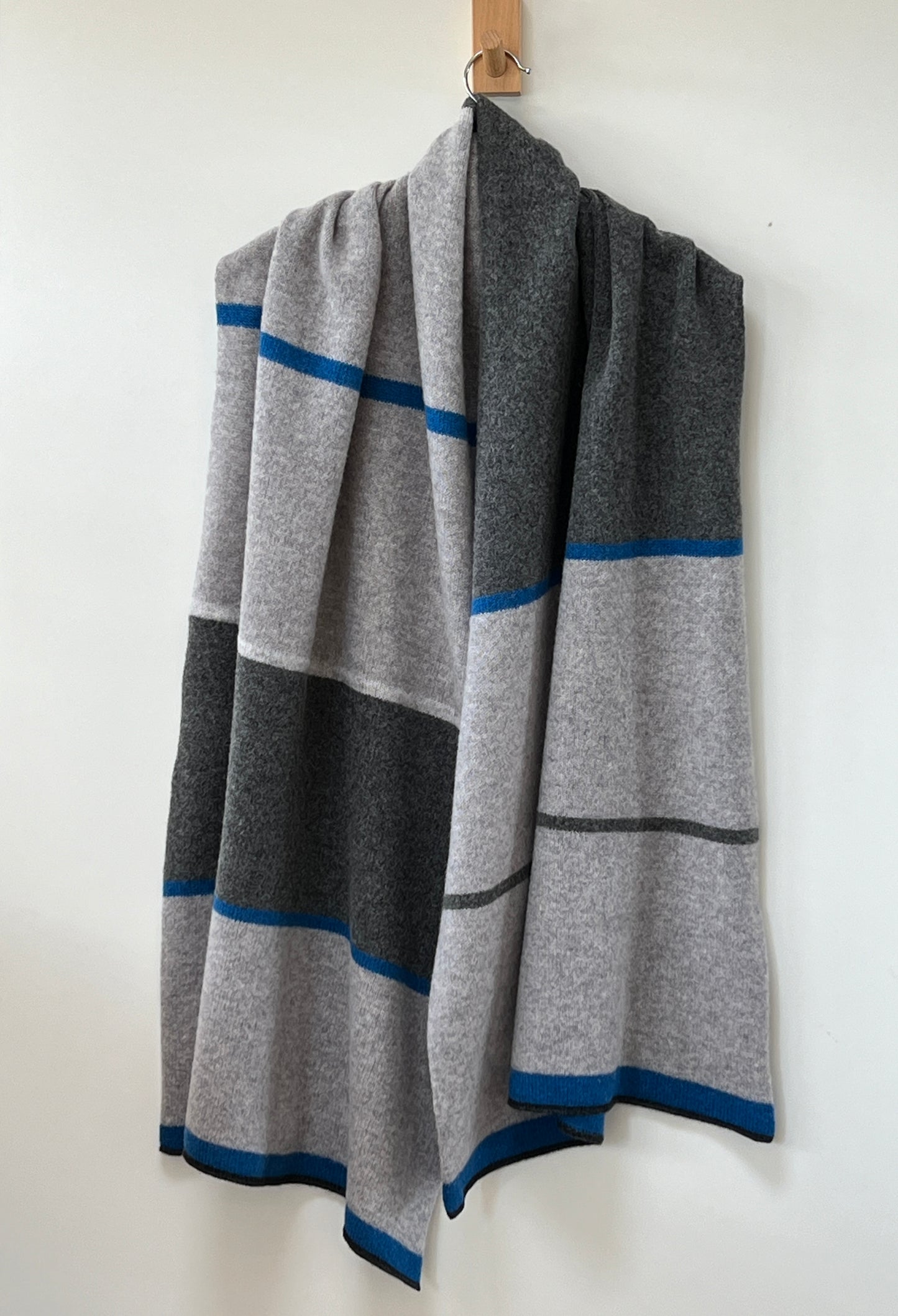 FinesseKnits knitted large merino lambswool scarf, shawl, wrap with blue stripes