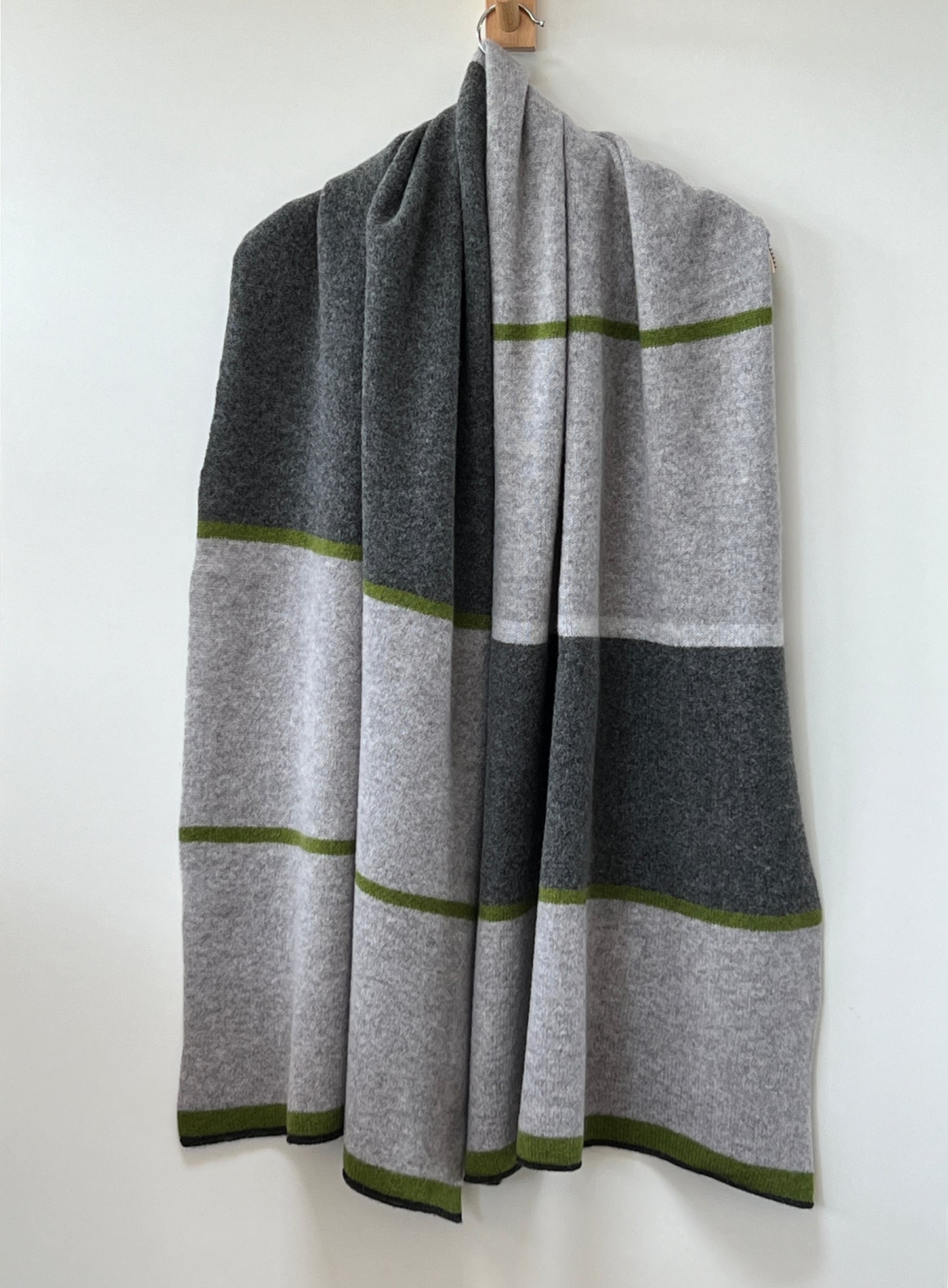 FinesseKnits knitted large merino lambswool scarf, shawl, wrap with green stripes