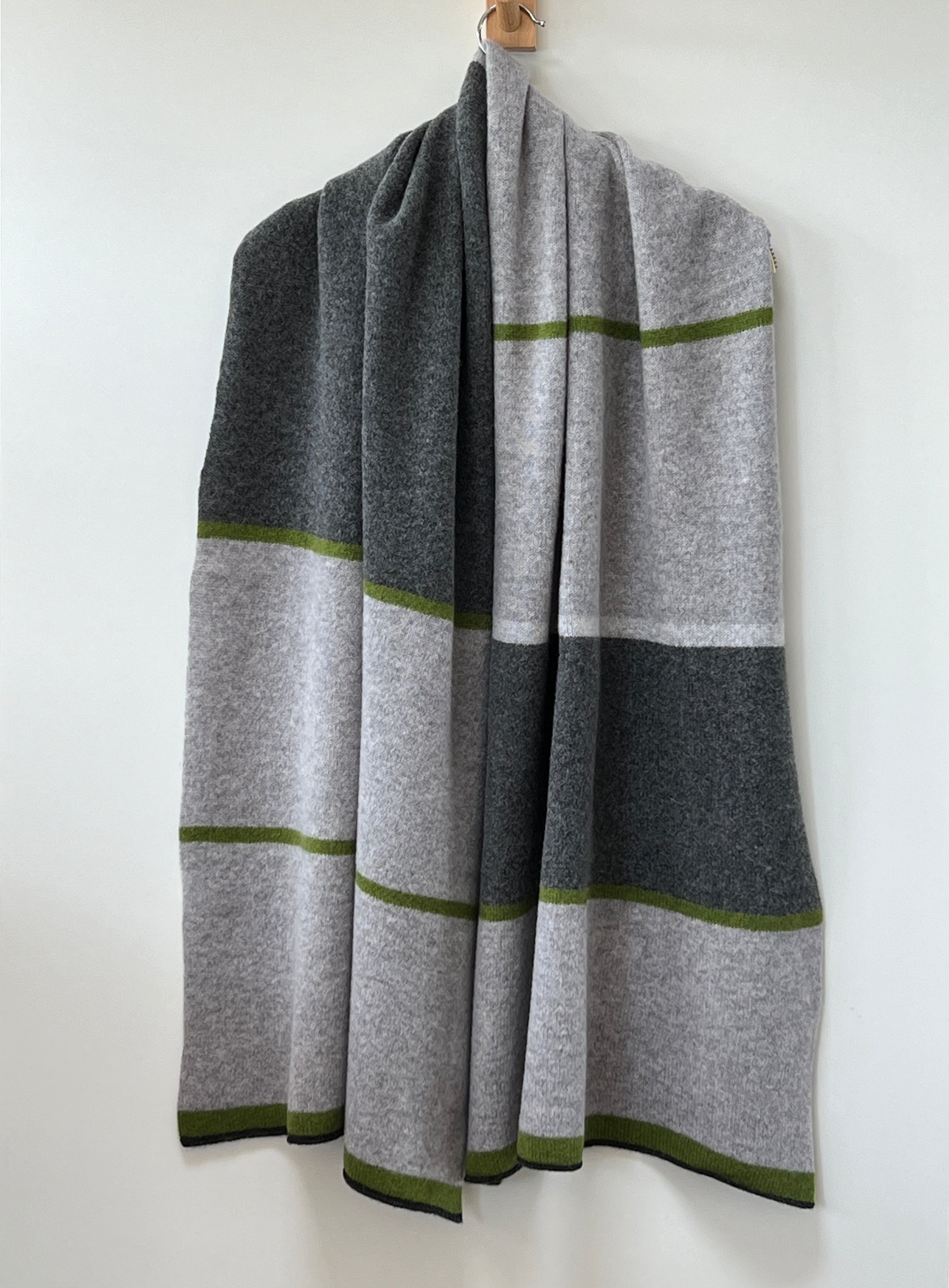 FinesseKnits knitted large merino lambswool scarf, shawl, wrap with green stripes