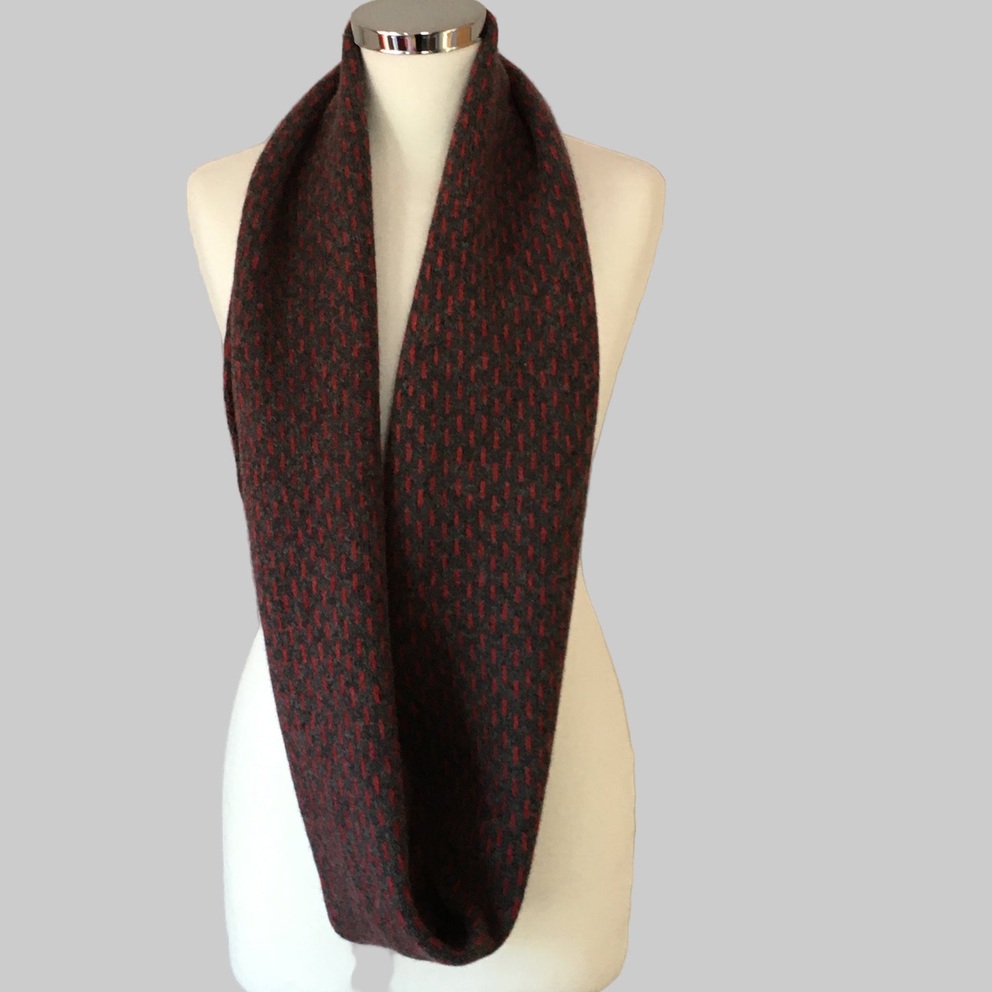 Snood- Infinity Scarf Soft Merino Lambswool Coal Grey and Berry Red Dots