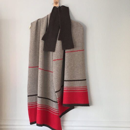 Scarf/shawl large merino lambswool wrap light mushroom brown and poppy red