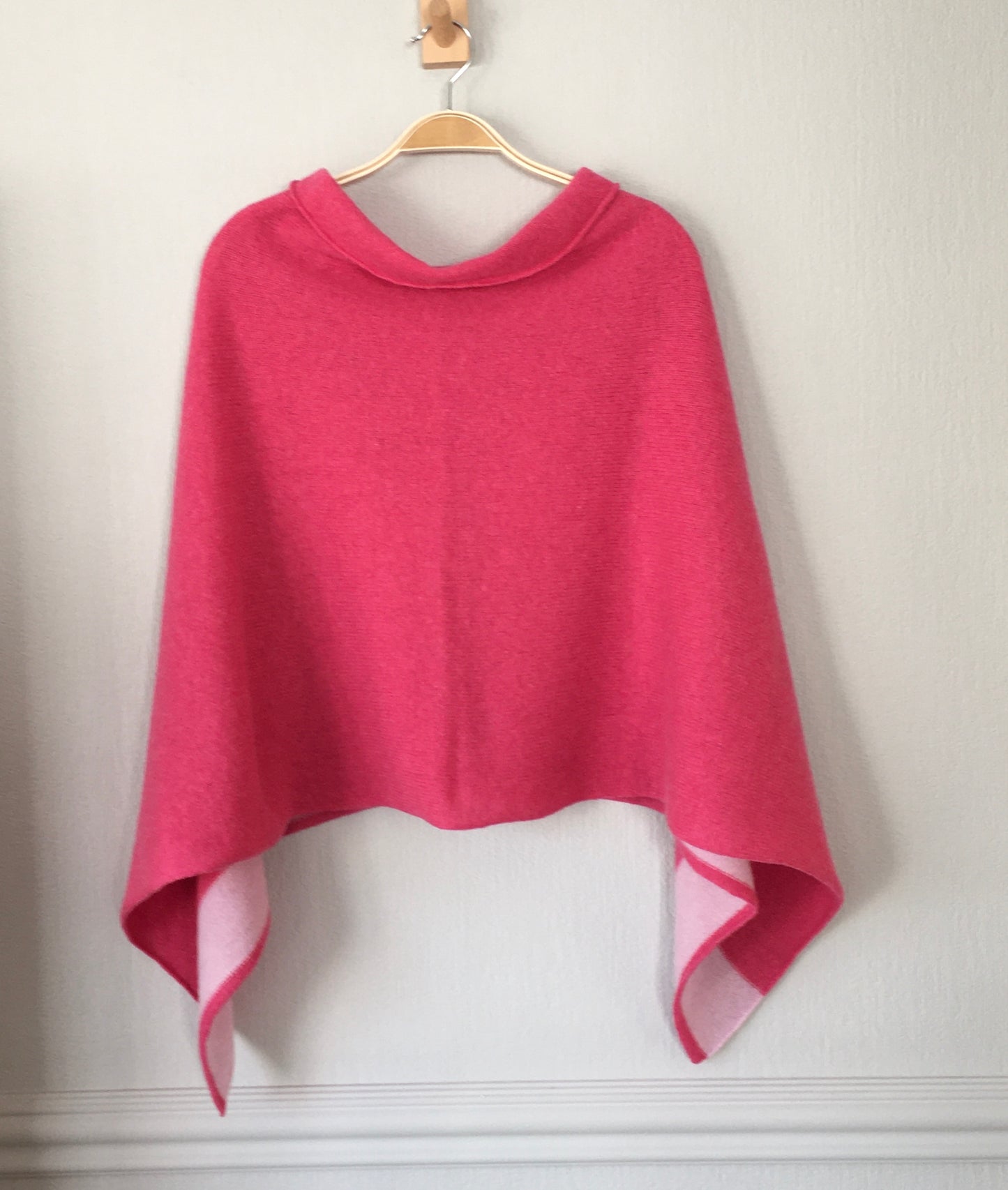 Poncho fuchsia pink with blush pink border merino lambswool