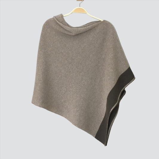 Poncho light mushroom with dark brown border merino lambswool