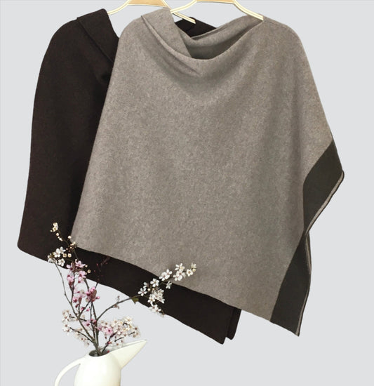 Poncho hickory brown with light mushroom brown border merino lambswool