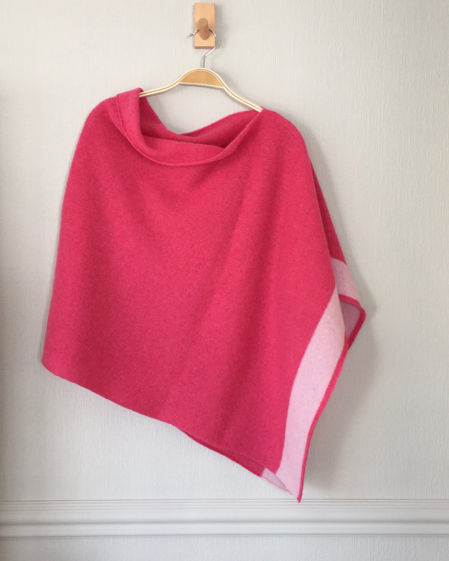 Poncho fuchsia pink with blush pink border merino lambswool