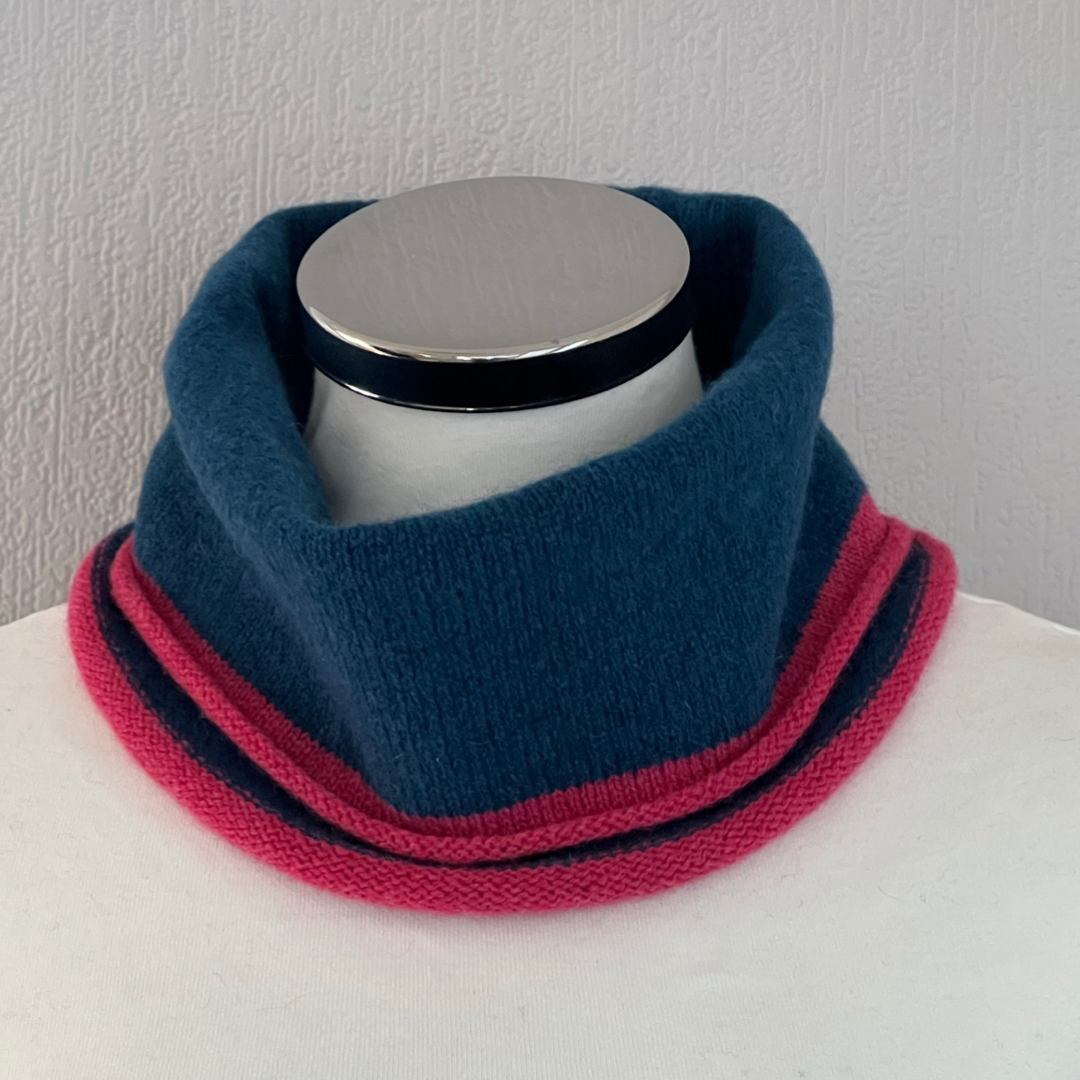 Snood - Unisex knitted soft merino lambswool light weight neck warmer with contrast trim