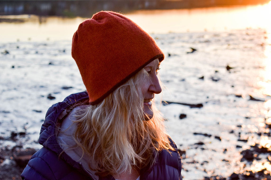 FinesseKnits, ember orange, hickory brown merino lambswool beanie hat