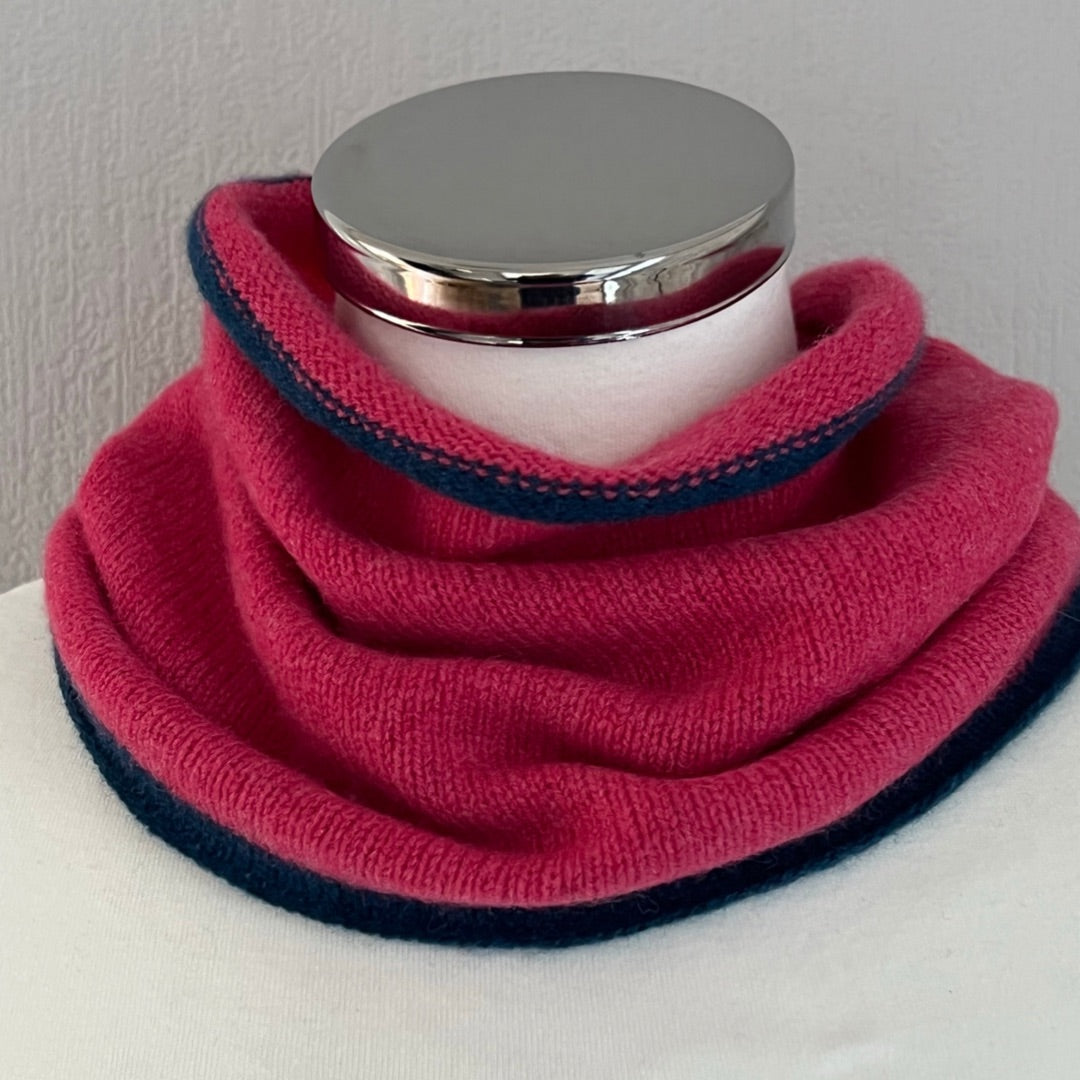 Snood - Unisex knitted soft merino lambswool light weight neck warmer with contrast trim