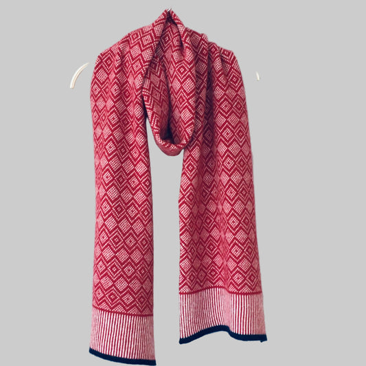 Scarf -soft merino lambswool Scandi scarf in berry red and natural white