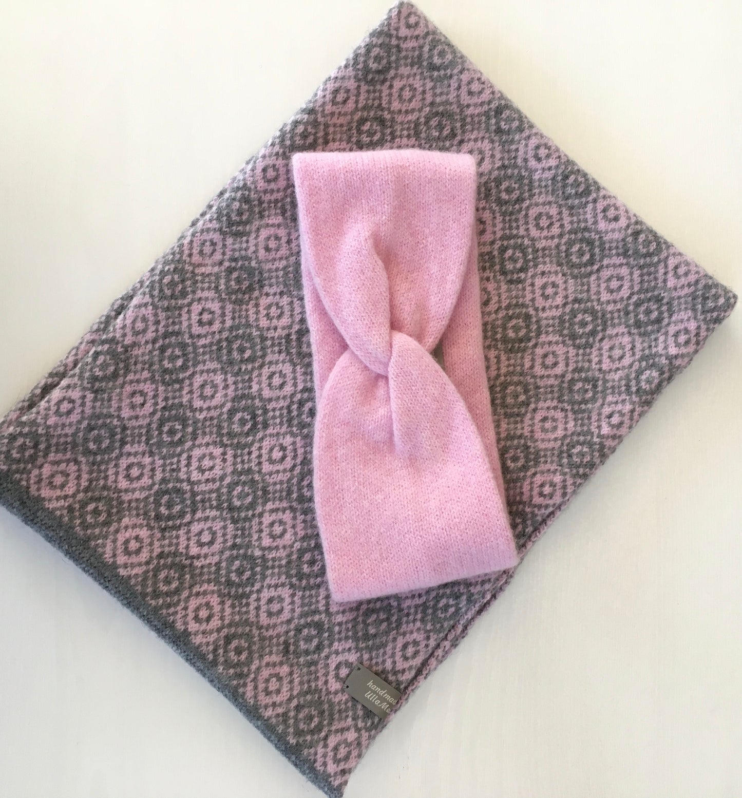 Snood Infinity Scarf and Headband Soft Merino Lambswool Pink and Grey