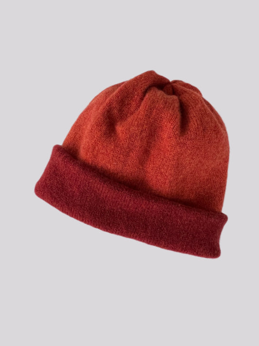FinesseKnits, ember orange rusty brown reversible beanie hat merino lambswool