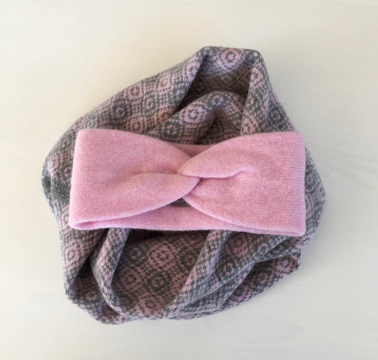 Snood Infinity Scarf and Headband Soft Merino Lambswool Pink and Grey