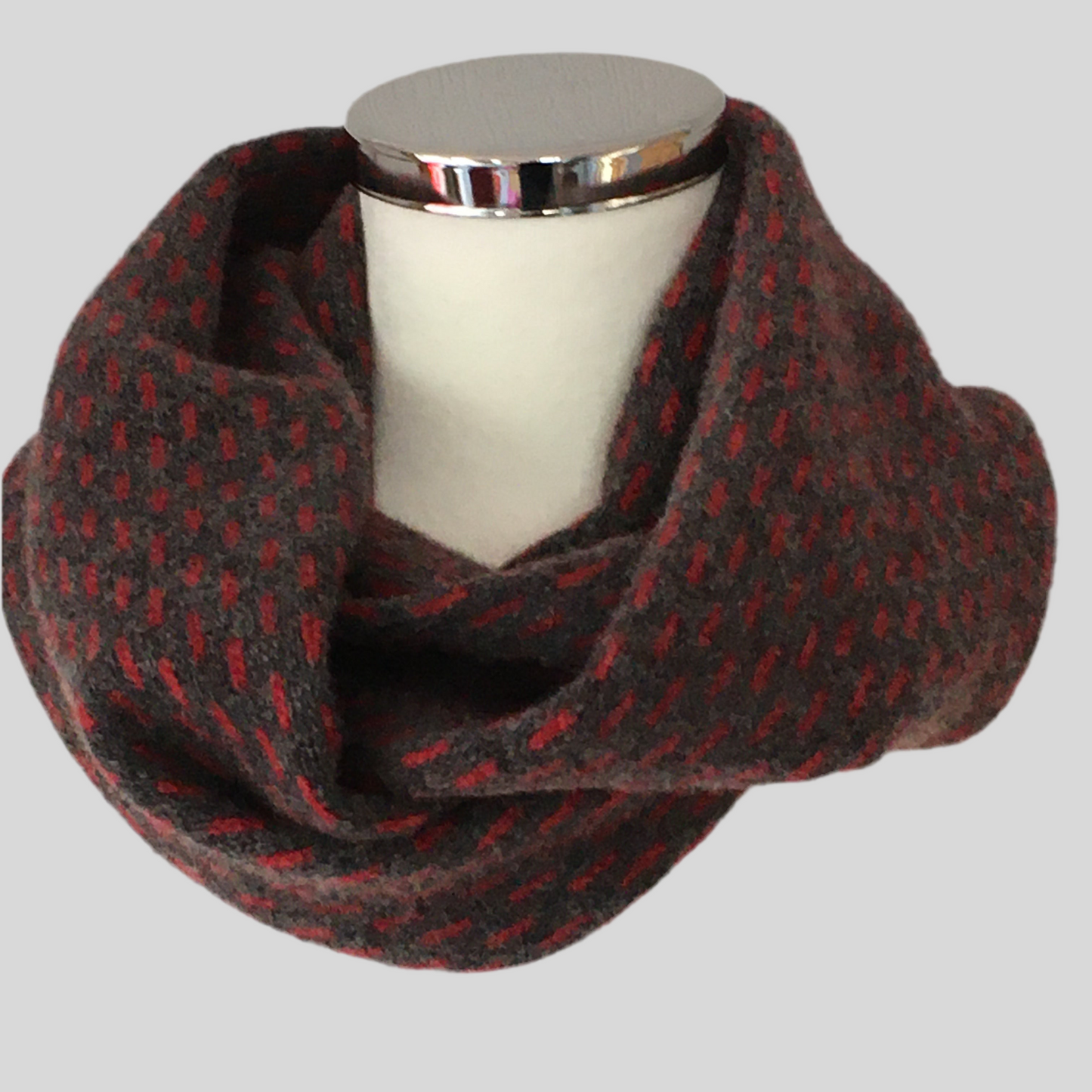 Snood- Infinity Scarf Soft Merino Lambswool Coal Grey and Berry Red Dots