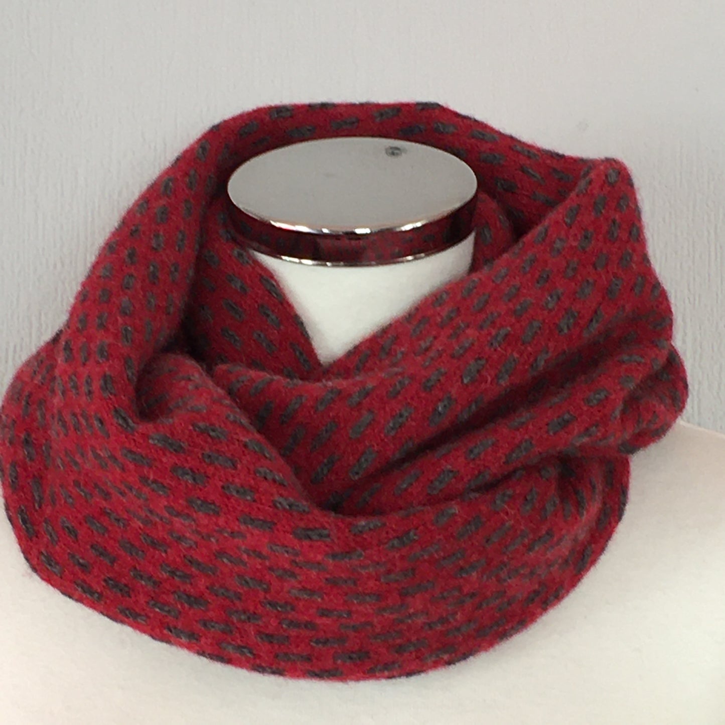 Snood - Infinity Scarf Soft Merino Lambswool Berry Red and Coal Grey Dots