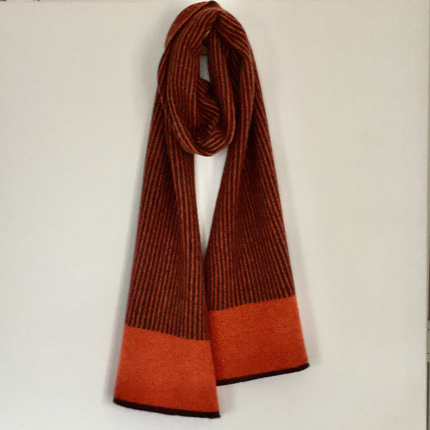 Finesse Knits, long scarf hickory brown, ember orange , merino wool, lambs wool
