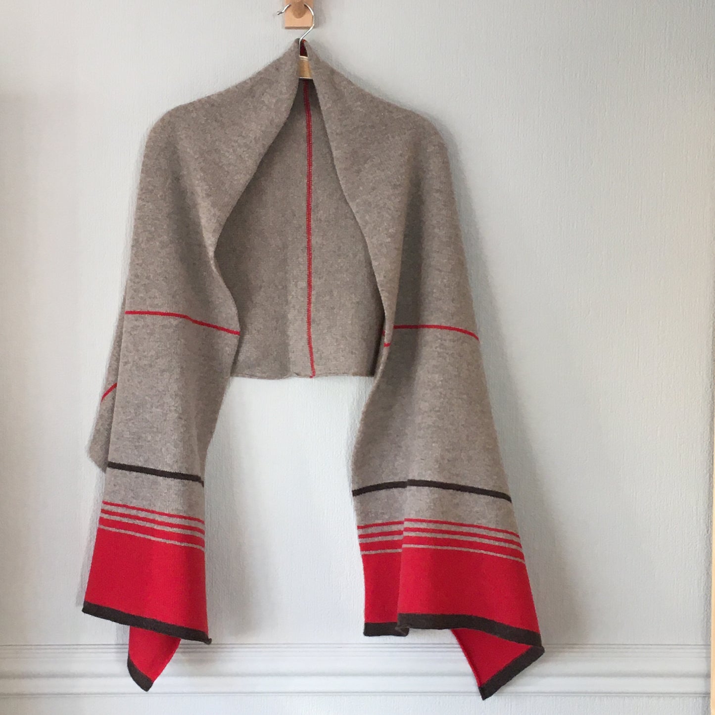Scarf/shawl large merino lambswool wrap light mushroom brown and poppy red