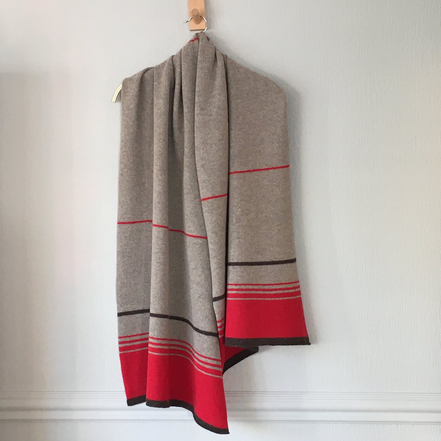 Scarf/shawl large merino lambswool wrap light mushroom brown and poppy red