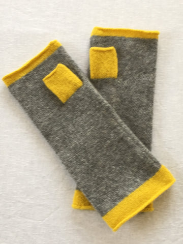 FinesseKnits, fingerless mittens uniform grey with piccalilli yellow  ends and thump