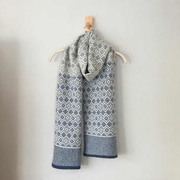 Scarf -soft merino lambswool Scandi scarf in denim blue, pearl grey, white