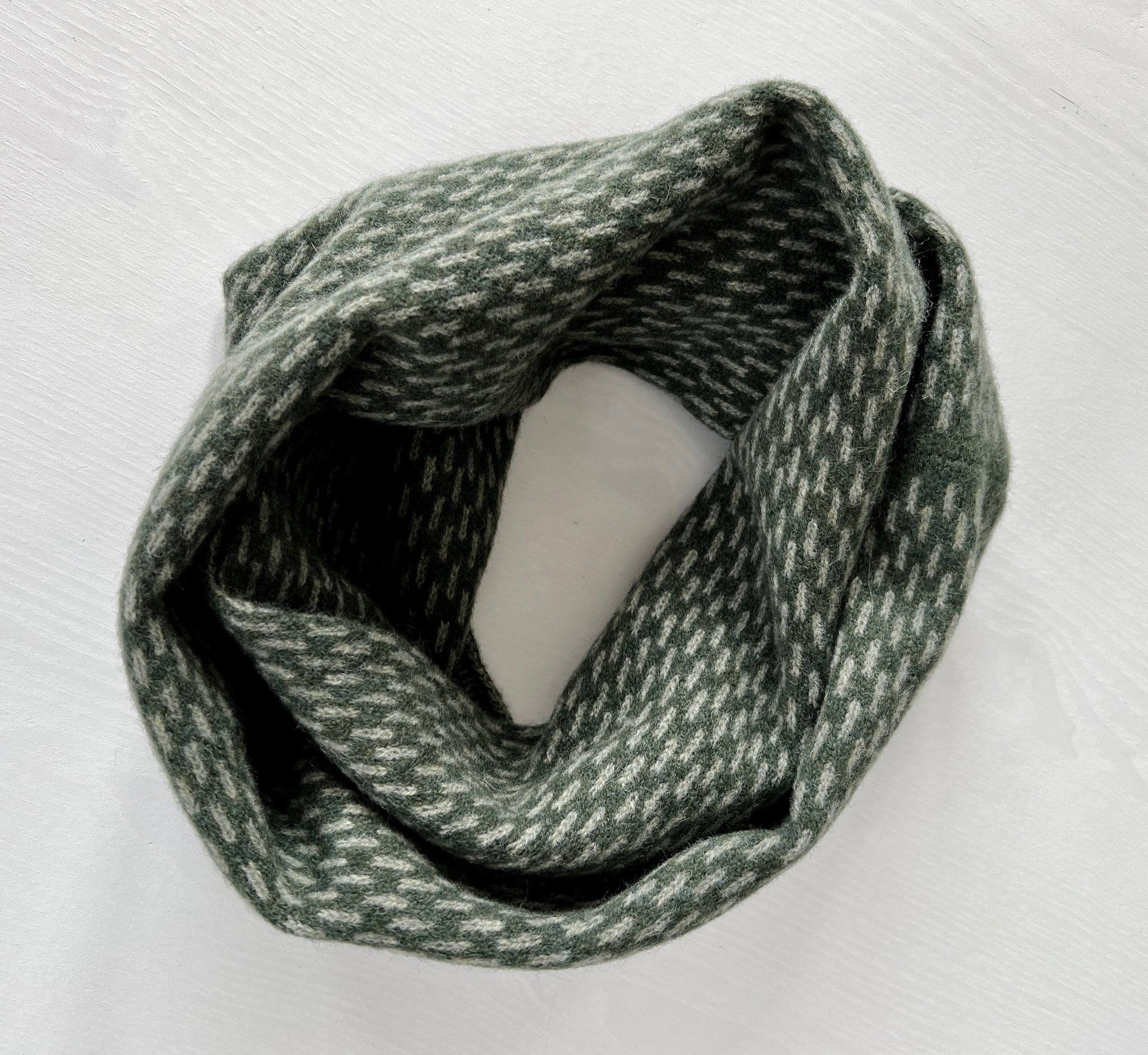 Snood - Infinity scarf soft merino lambswool rosemary green with orchard green dots