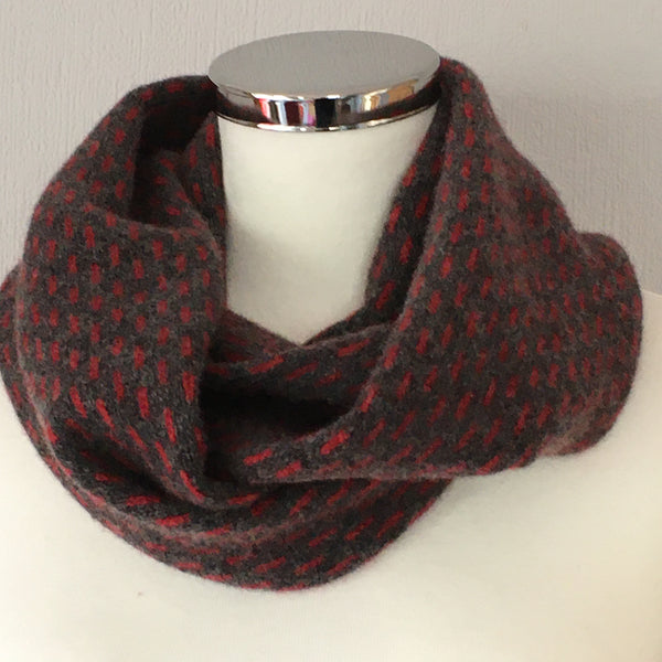 Snood- Infinity Scarf Soft Merino Lambswool Coal Grey and Berry Red Dots