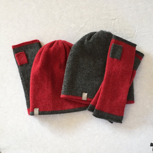FinesseKnits, reversible berry red /coal grey hat, matching fingerless mittens with thump