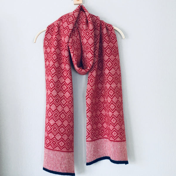 Scarf -soft merino lambswool Scandi scarf in berry red and natural white