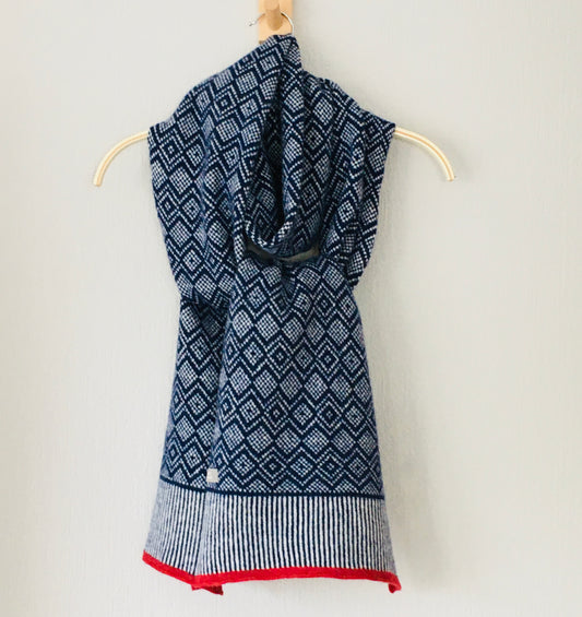 Scarf -soft merino lambswool Scandi scarf in navy blue and natural white