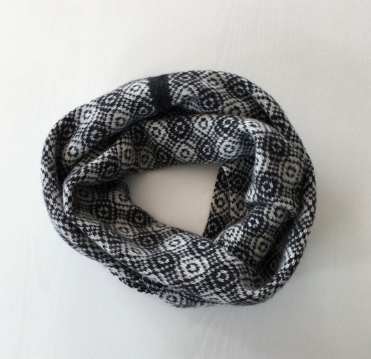 Snood - Infinity Scarf Soft Merino Lambswool Nearly Black and Cream