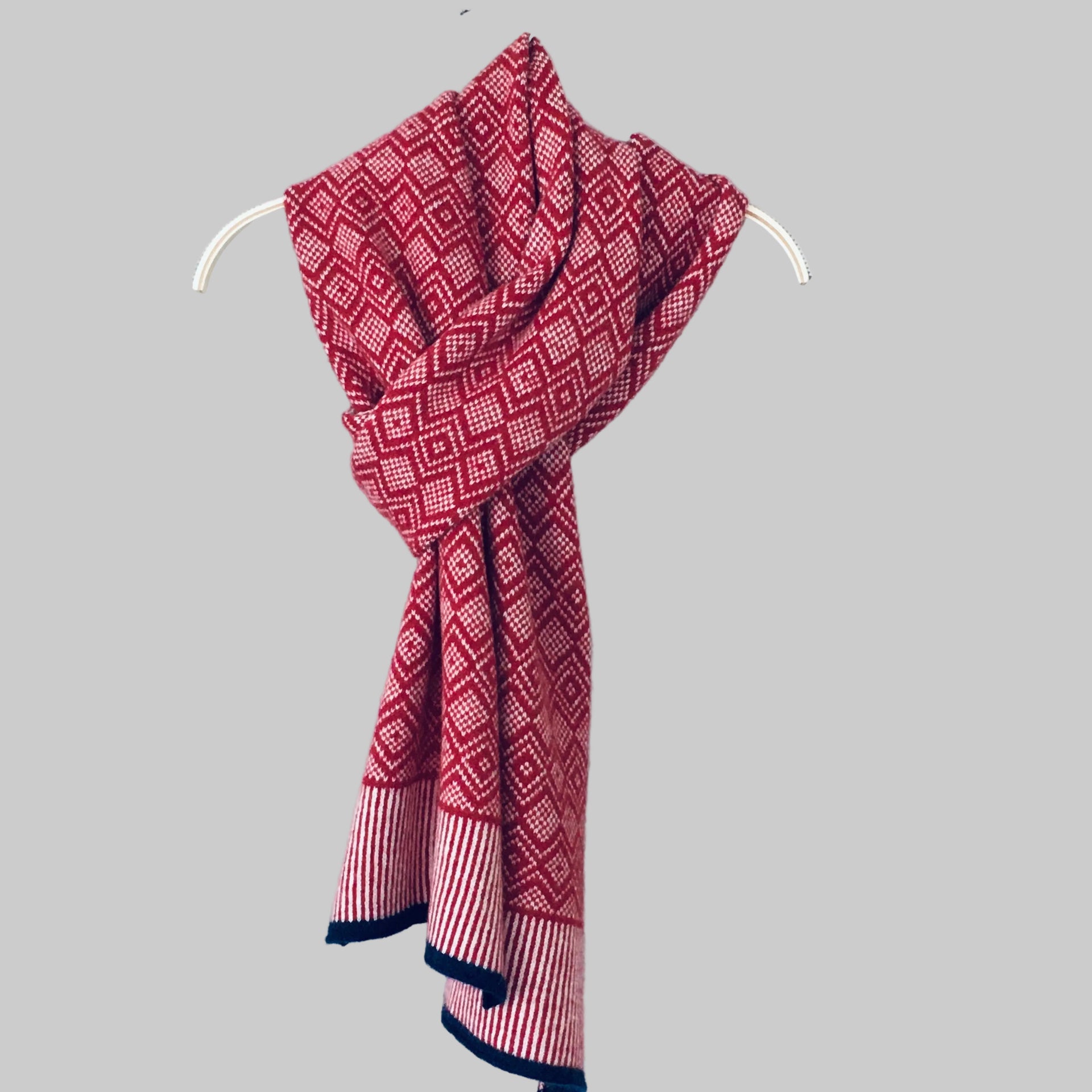 Scarf -soft merino lambswool Scandi scarf in berry red and natural white