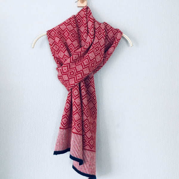 Scarf -soft merino lambswool Scandi scarf in berry red and natural white