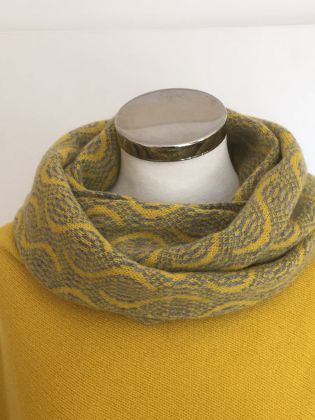 Snood - Infinity Scarf Soft Merino Lambswool Wave Pattern Piccalilli Yellow and Uniform Grey