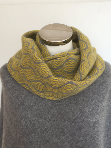 Snood - Infinity Scarf Soft Merino Lambswool Weave Pattern Uniform Grey and Piccalilli Yellow