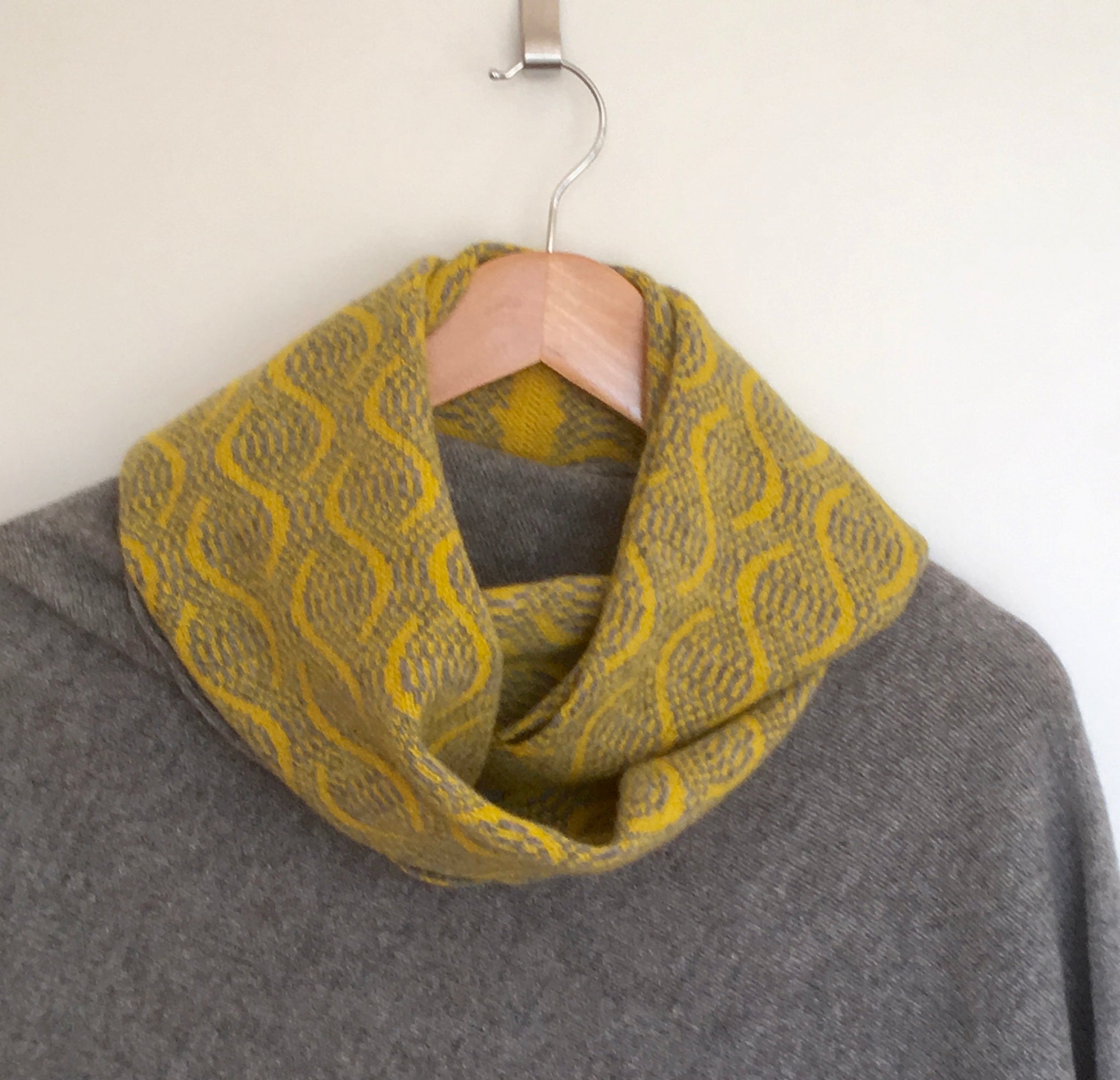 Snood - Infinity Scarf Soft Merino Lambswool Wave Pattern Piccalilli Yellow and Uniform Grey